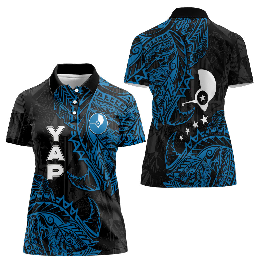 Yap Island Tribal Heritage Women Polo Shirt Micronesian Polynesian Tattoo Pattern Blue Black Cultural Art