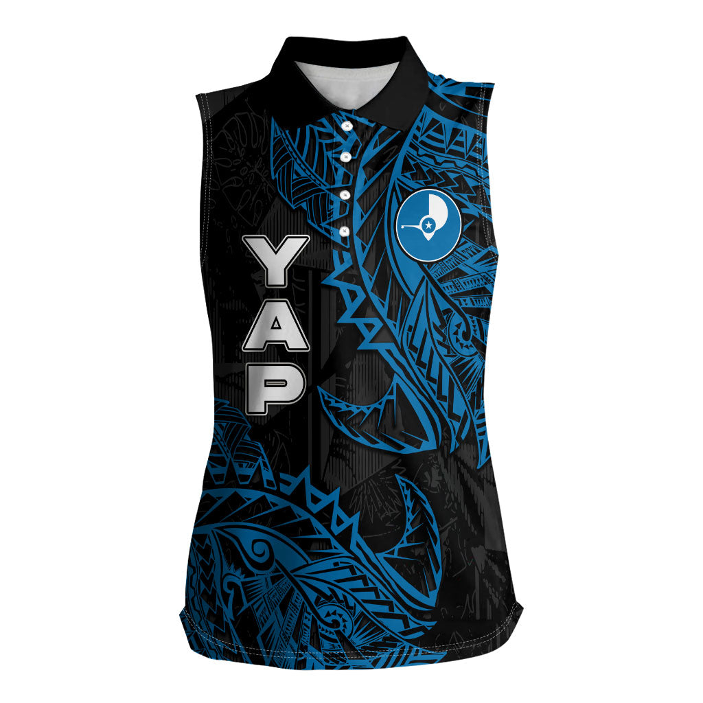 Yap Island Tribal Heritage Women Sleeveless Polo Shirt Micronesian Polynesian Tattoo Pattern Blue Black Cultural Art TS04 Female Black Blue - Polynesian Pride