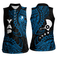Yap Island Tribal Heritage Women Sleeveless Polo Shirt Micronesian Polynesian Tattoo Pattern Blue Black Cultural Art