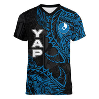 Yap Island Tribal Heritage Women V-Neck T-Shirt Micronesian Polynesian Tattoo Pattern Blue Black Cultural Art