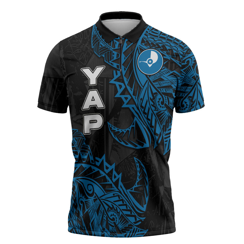 Yap Island Tribal Heritage Zipper Polo Shirt Micronesian Polynesian Tattoo Pattern Blue Black Cultural Art TS04 Black Blue - Polynesian Pride