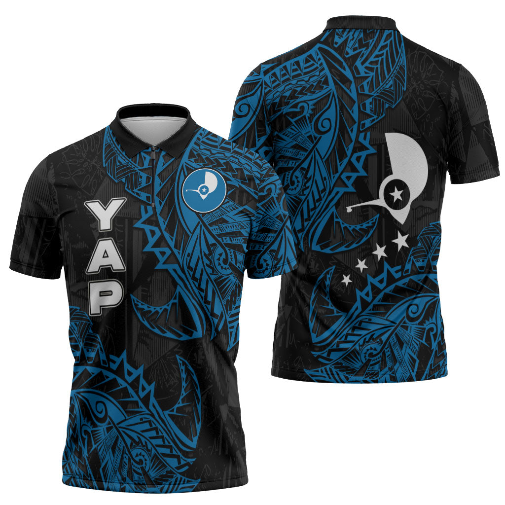 Yap Island Tribal Heritage Zipper Polo Shirt Micronesian Polynesian Tattoo Pattern Blue Black Cultural Art TS04 - Polynesian Pride
