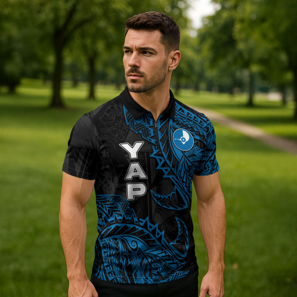 Yap Island Tribal Heritage Zipper Polo Shirt Micronesian Polynesian Tattoo Pattern Blue Black Cultural Art TS04 - Polynesian Pride