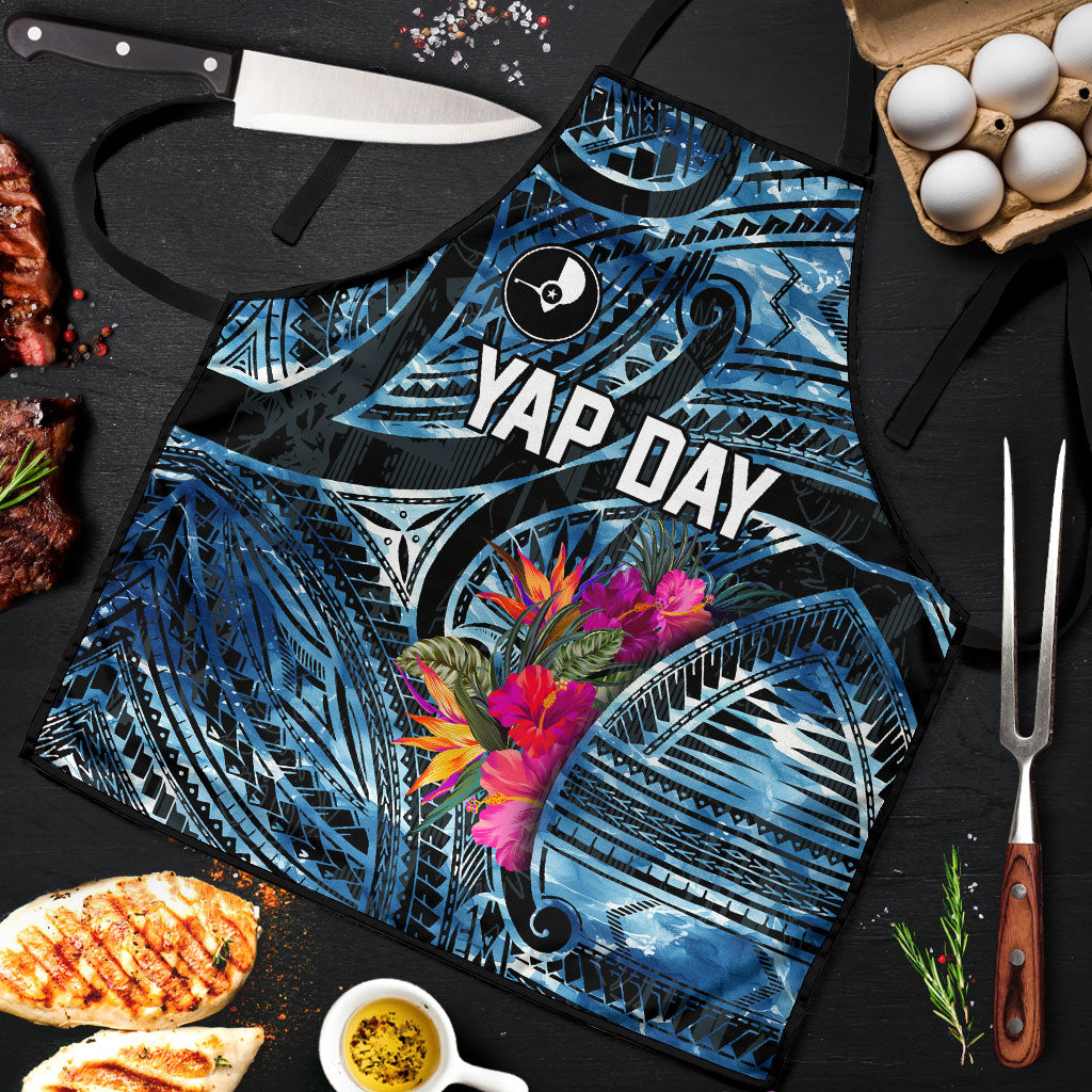Yap Day Island Floral Tribal Heritage Apron Micronesian Hibiscus Pattern Polynesian Tattoo Blue Art TS04 Black Blue - Polynesian Pride