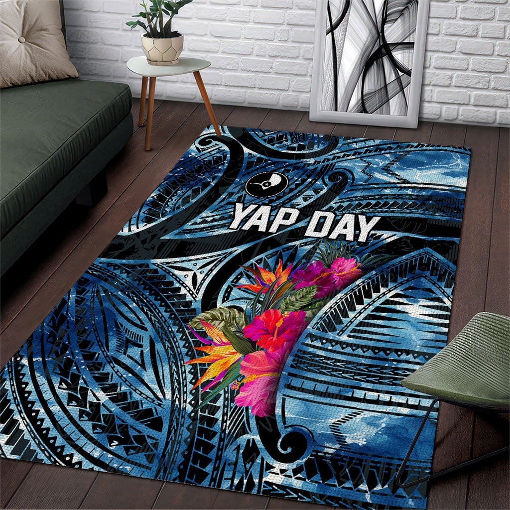 Yap Day Island Floral Tribal Heritage Area Rug Micronesian Hibiscus Pattern Polynesian Tattoo Blue Art TS04 Black Blue - Polynesian Pride