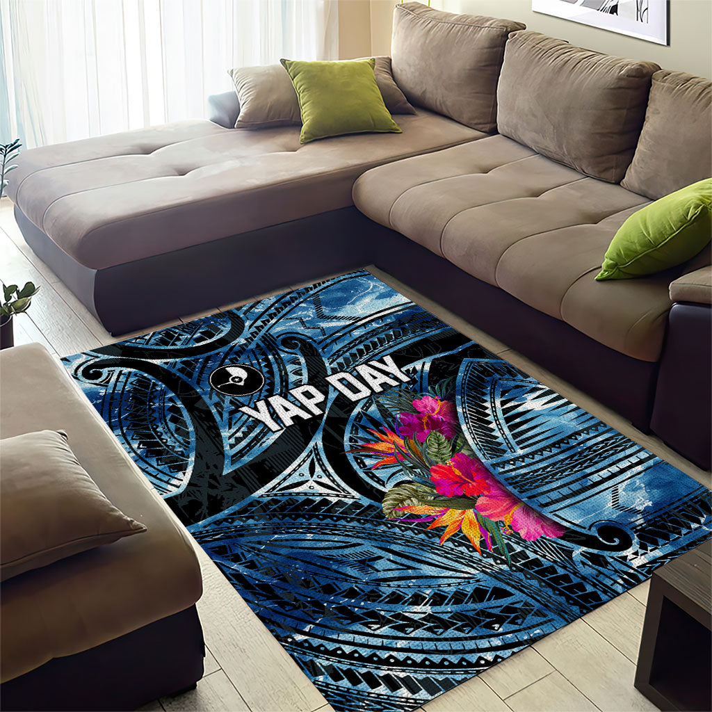 Yap Day Island Floral Tribal Heritage Area Rug Micronesian Hibiscus Pattern Polynesian Tattoo Blue Art TS04 - Polynesian Pride