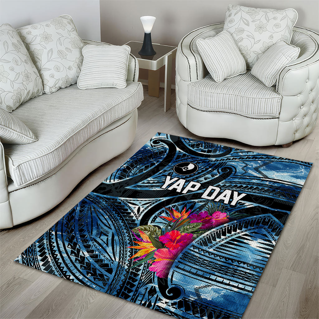 Yap Day Island Floral Tribal Heritage Area Rug Micronesian Hibiscus Pattern Polynesian Tattoo Blue Art TS04 - Polynesian Pride
