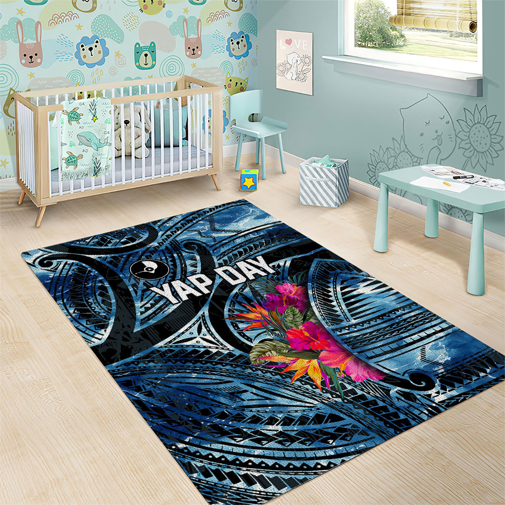 Yap Day Island Floral Tribal Heritage Area Rug Micronesian Hibiscus Pattern Polynesian Tattoo Blue Art TS04 - Polynesian Pride