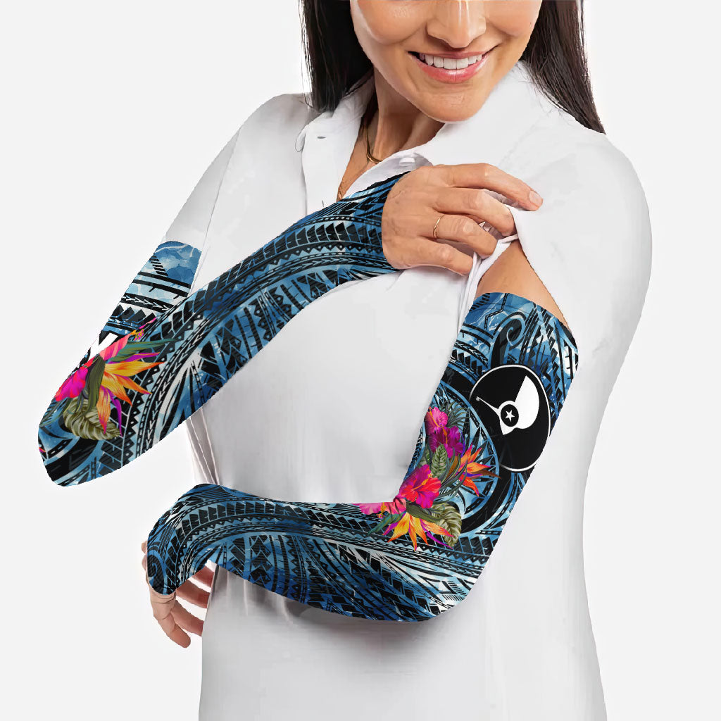 Yap Day Island Floral Tribal Heritage Arm Sleeves Micronesian Hibiscus Pattern Polynesian Tattoo Blue Art TS04 - Polynesian Pride