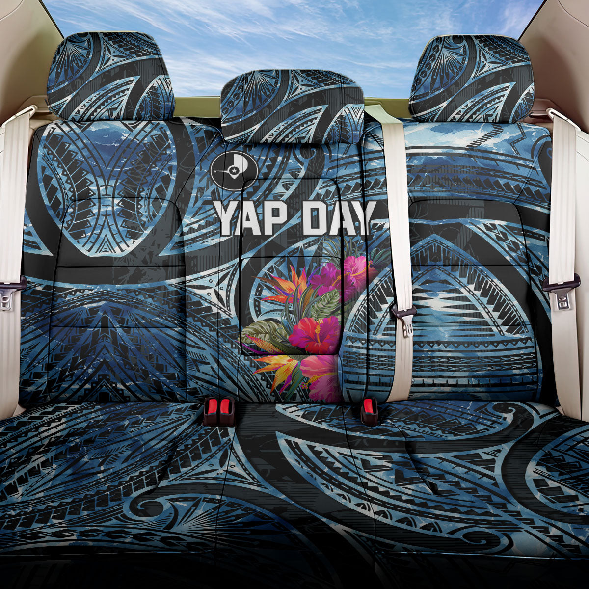 Yap Day Island Floral Tribal Heritage Back Car Seat Cover Micronesian Hibiscus Pattern Polynesian Tattoo Blue Art TS04 One Size Black Blue - Polynesian Pride