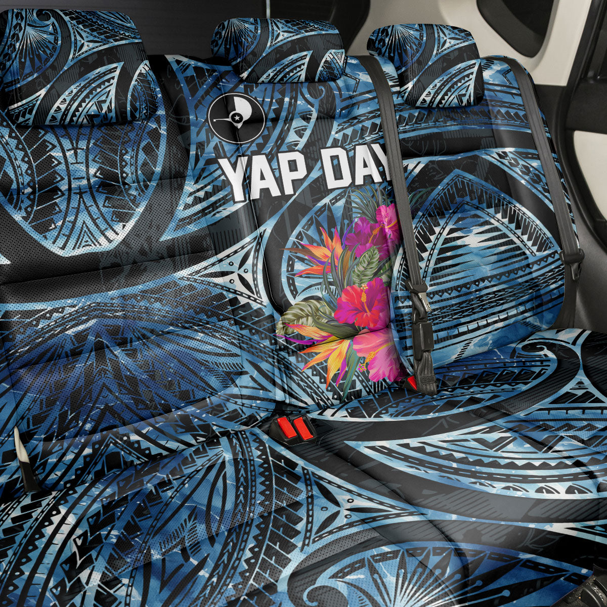 Yap Day Island Floral Tribal Heritage Back Car Seat Cover Micronesian Hibiscus Pattern Polynesian Tattoo Blue Art TS04 - Polynesian Pride
