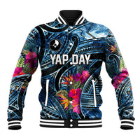 Yap Day Island Floral Tribal Heritage Baseball Jacket Micronesian Hibiscus Pattern Polynesian Tattoo Blue Art TS04 Unisex Black Blue - Polynesian Pride