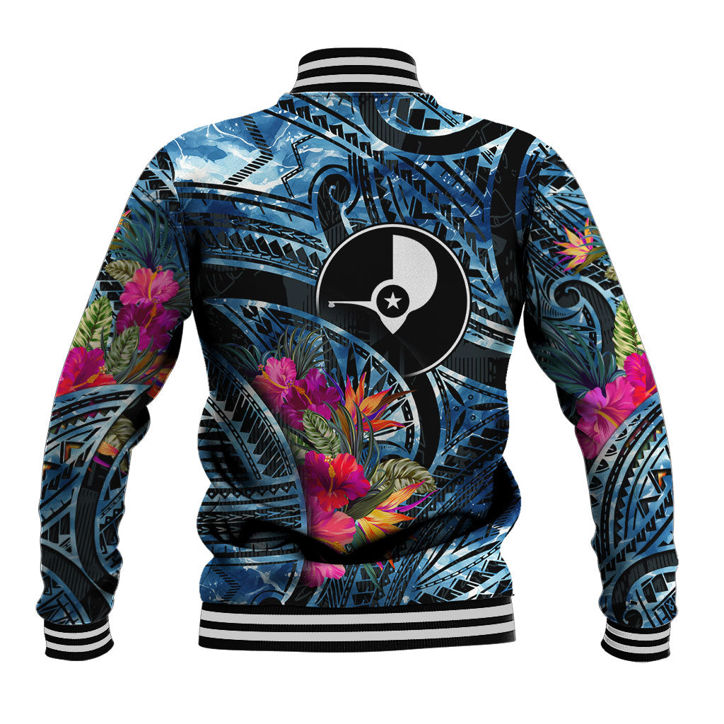 Yap Day Island Floral Tribal Heritage Baseball Jacket Micronesian Hibiscus Pattern Polynesian Tattoo Blue Art TS04 - Polynesian Pride