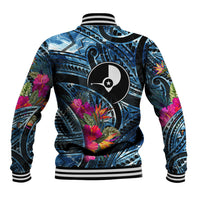 Yap Day Island Floral Tribal Heritage Baseball Jacket Micronesian Hibiscus Pattern Polynesian Tattoo Blue Art TS04 - Polynesian Pride