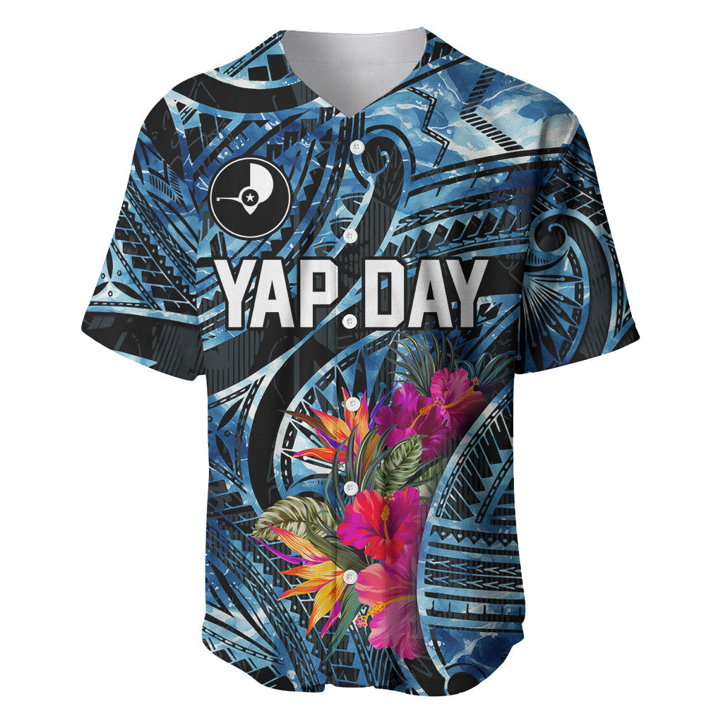 Yap Day Island Floral Tribal Heritage Baseball Jersey Micronesian Hibiscus Pattern Polynesian Tattoo Blue Art TS04 Black Blue - Polynesian Pride