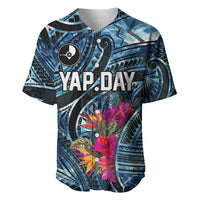 Yap Day Island Floral Tribal Heritage Baseball Jersey Micronesian Hibiscus Pattern Polynesian Tattoo Blue Art TS04 Black Blue - Polynesian Pride