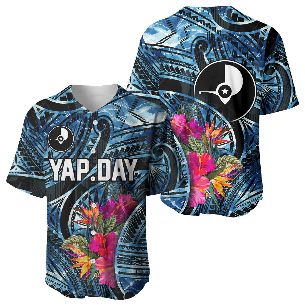 Yap Day Island Floral Tribal Heritage Baseball Jersey Micronesian Hibiscus Pattern Polynesian Tattoo Blue Art TS04 - Polynesian Pride