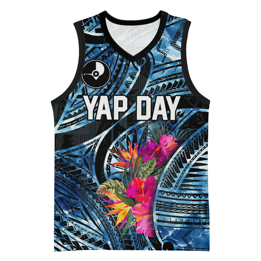 Yap Day Island Floral Tribal Heritage Basketball Jersey Micronesian Hibiscus Pattern Polynesian Tattoo Blue Art TS04 Unisex Black Blue - Polynesian Pride