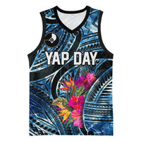Yap Day Island Floral Tribal Heritage Basketball Jersey Micronesian Hibiscus Pattern Polynesian Tattoo Blue Art TS04 Unisex Black Blue - Polynesian Pride