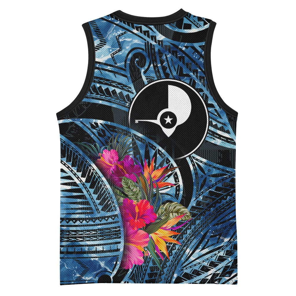 Yap Day Island Floral Tribal Heritage Basketball Jersey Micronesian Hibiscus Pattern Polynesian Tattoo Blue Art TS04 - Polynesian Pride