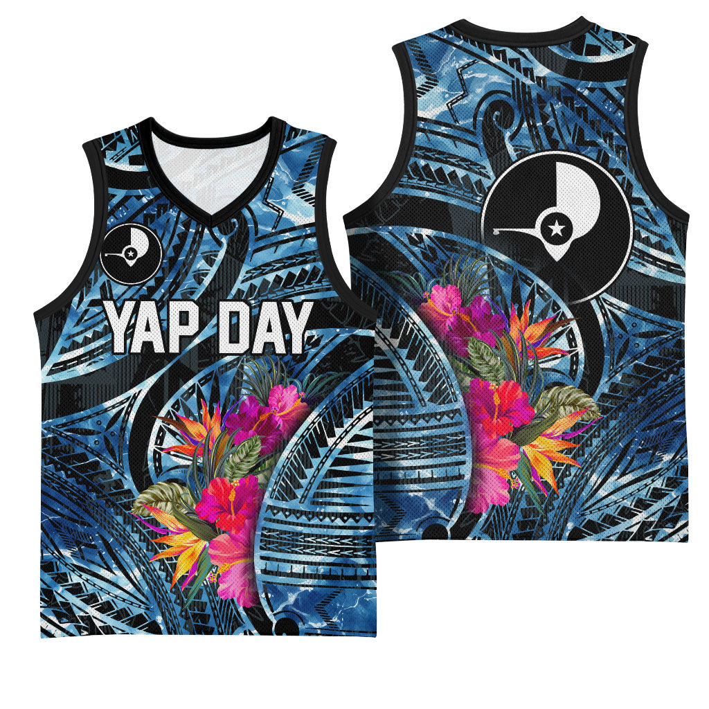 Yap Day Island Floral Tribal Heritage Basketball Jersey Micronesian Hibiscus Pattern Polynesian Tattoo Blue Art TS04 - Polynesian Pride