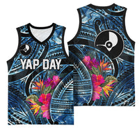 Yap Day Island Floral Tribal Heritage Basketball Jersey Micronesian Hibiscus Pattern Polynesian Tattoo Blue Art TS04 - Polynesian Pride
