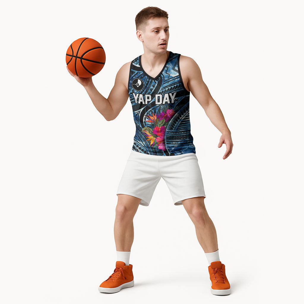 Yap Day Island Floral Tribal Heritage Basketball Jersey Micronesian Hibiscus Pattern Polynesian Tattoo Blue Art TS04 - Polynesian Pride