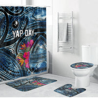 Yap Day Island Floral Tribal Heritage Bathroom Set Micronesian Hibiscus Pattern Polynesian Tattoo Blue Art TS04 Bathroom Set (4 pcs) Black Blue - Polynesian Pride