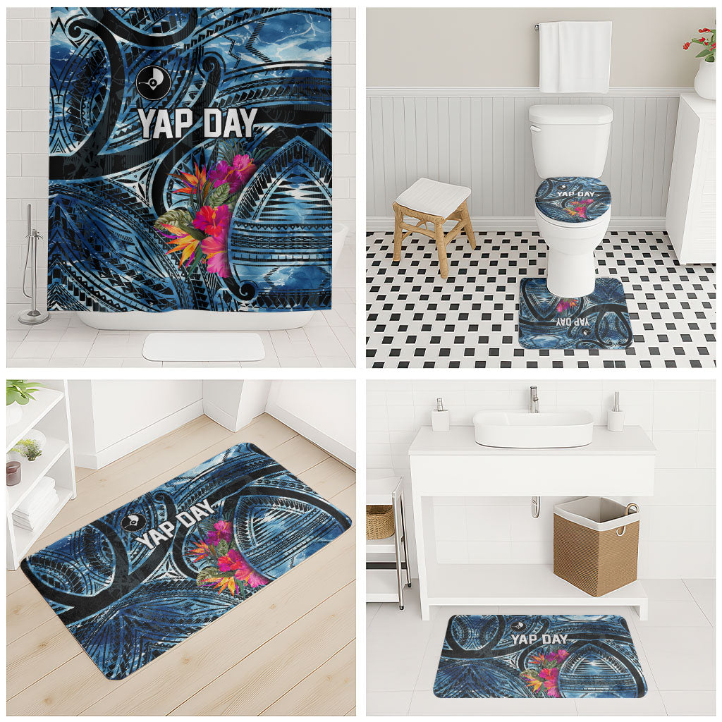 Yap Day Island Floral Tribal Heritage Bathroom Set Micronesian Hibiscus Pattern Polynesian Tattoo Blue Art TS04 - Polynesian Pride