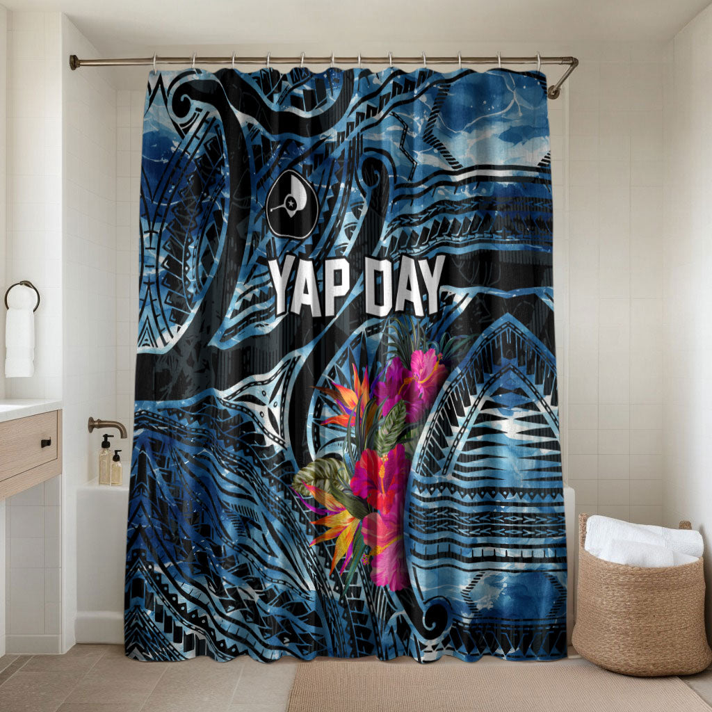 Yap Day Island Floral Tribal Heritage Bathroom Set Micronesian Hibiscus Pattern Polynesian Tattoo Blue Art TS04 Shower Curtain Only Black Blue - Polynesian Pride