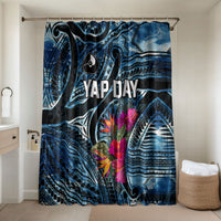 Yap Day Island Floral Tribal Heritage Bathroom Set Micronesian Hibiscus Pattern Polynesian Tattoo Blue Art TS04 Shower Curtain Only Black Blue - Polynesian Pride