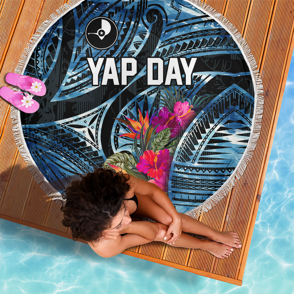 Yap Day Island Floral Tribal Heritage Beach Blanket Micronesian Hibiscus Pattern Polynesian Tattoo Blue Art TS04 - Polynesian Pride