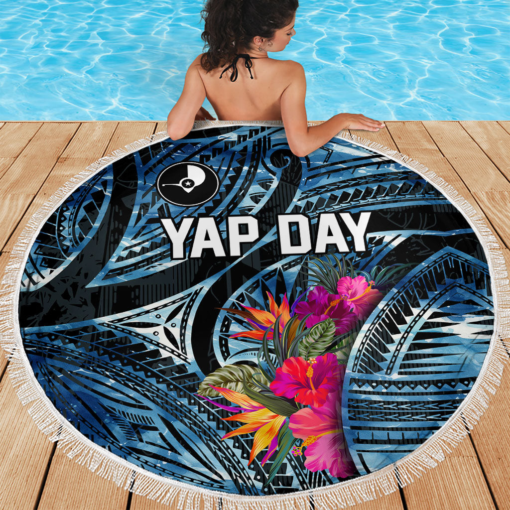 Yap Day Island Floral Tribal Heritage Beach Blanket Micronesian Hibiscus Pattern Polynesian Tattoo Blue Art TS04 - Polynesian Pride