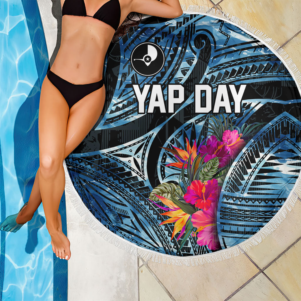 Yap Day Island Floral Tribal Heritage Beach Blanket Micronesian Hibiscus Pattern Polynesian Tattoo Blue Art TS04 - Polynesian Pride