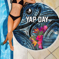 Yap Day Island Floral Tribal Heritage Beach Blanket Micronesian Hibiscus Pattern Polynesian Tattoo Blue Art TS04 - Polynesian Pride