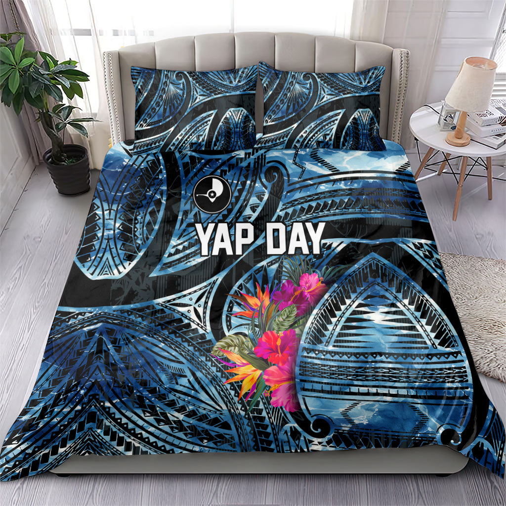 Yap Day Island Floral Tribal Heritage Bedding Set Micronesian Hibiscus Pattern Polynesian Tattoo Blue Art TS04 - Polynesian Pride