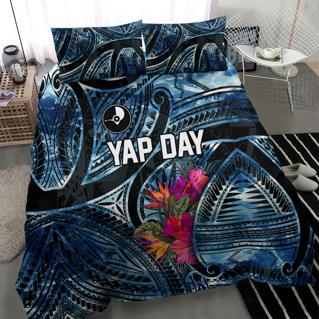 Yap Day Island Floral Tribal Heritage Bedding Set Micronesian Hibiscus Pattern Polynesian Tattoo Blue Art TS04 - Polynesian Pride