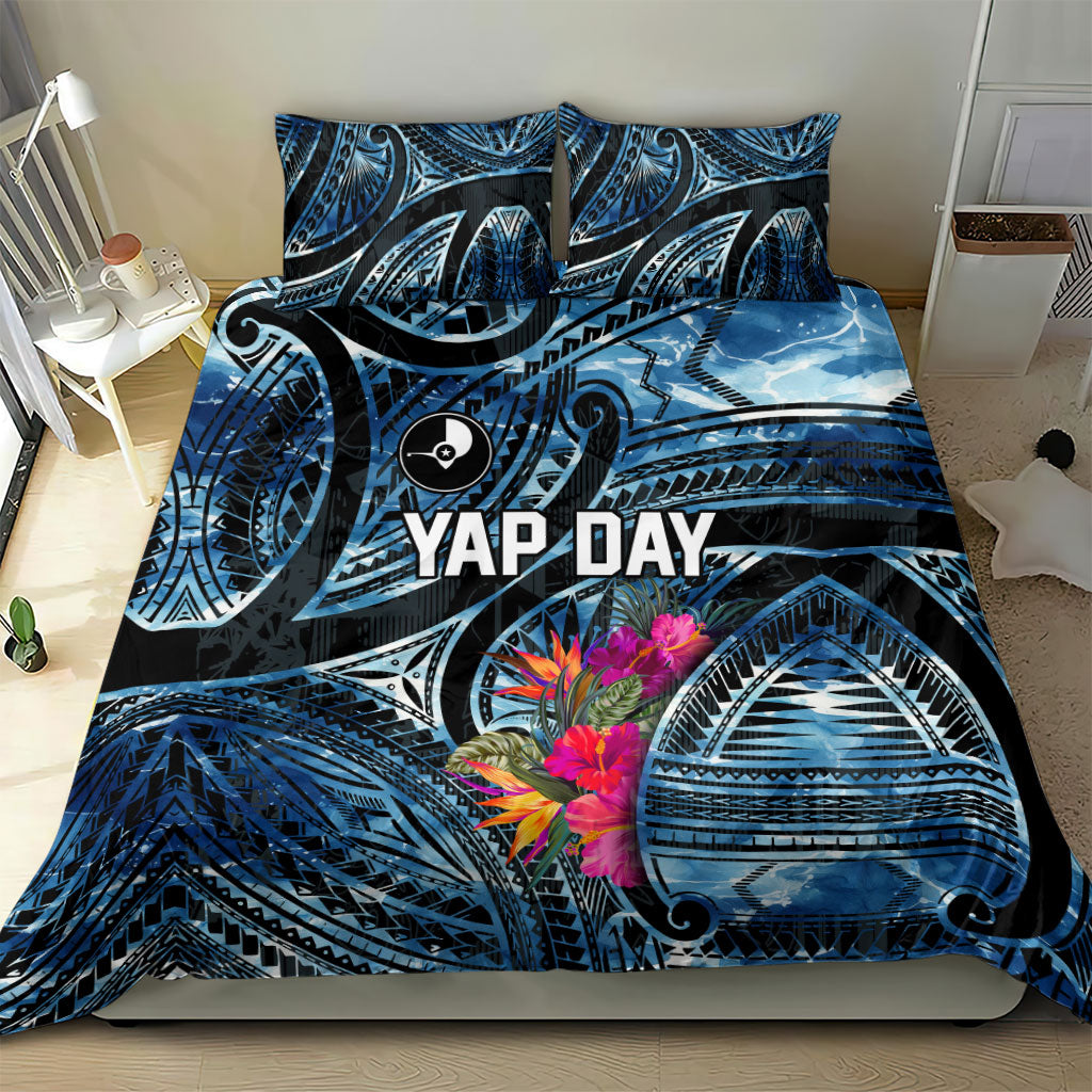 Yap Day Island Floral Tribal Heritage Bedding Set Micronesian Hibiscus Pattern Polynesian Tattoo Blue Art TS04 - Polynesian Pride