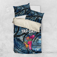 Yap Day Island Floral Tribal Heritage Bedding Set Micronesian Hibiscus Pattern Polynesian Tattoo Blue Art TS04 US Twin 172cm x 218cm Black Blue - Polynesian Pride