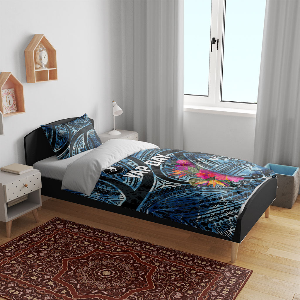 Yap Day Island Floral Tribal Heritage Bedding Set Micronesian Hibiscus Pattern Polynesian Tattoo Blue Art TS04 - Polynesian Pride