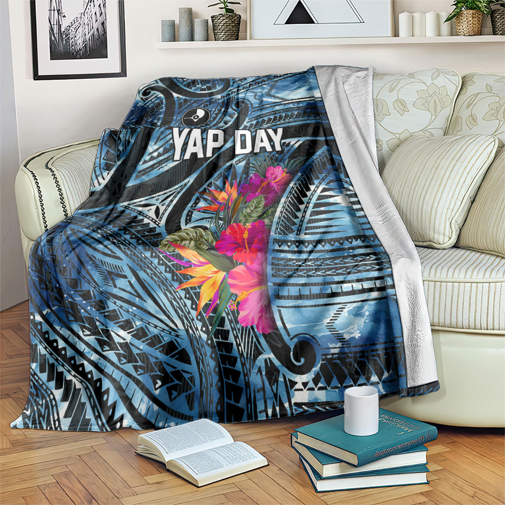 Yap Day Island Floral Tribal Heritage Blanket Micronesian Hibiscus Pattern Polynesian Tattoo Blue Art TS04 Black Blue - Polynesian Pride