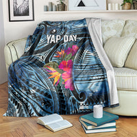 Yap Day Island Floral Tribal Heritage Blanket Micronesian Hibiscus Pattern Polynesian Tattoo Blue Art TS04 Black Blue - Polynesian Pride