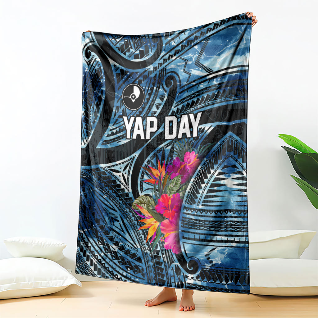Yap Day Island Floral Tribal Heritage Blanket Micronesian Hibiscus Pattern Polynesian Tattoo Blue Art TS04 - Polynesian Pride