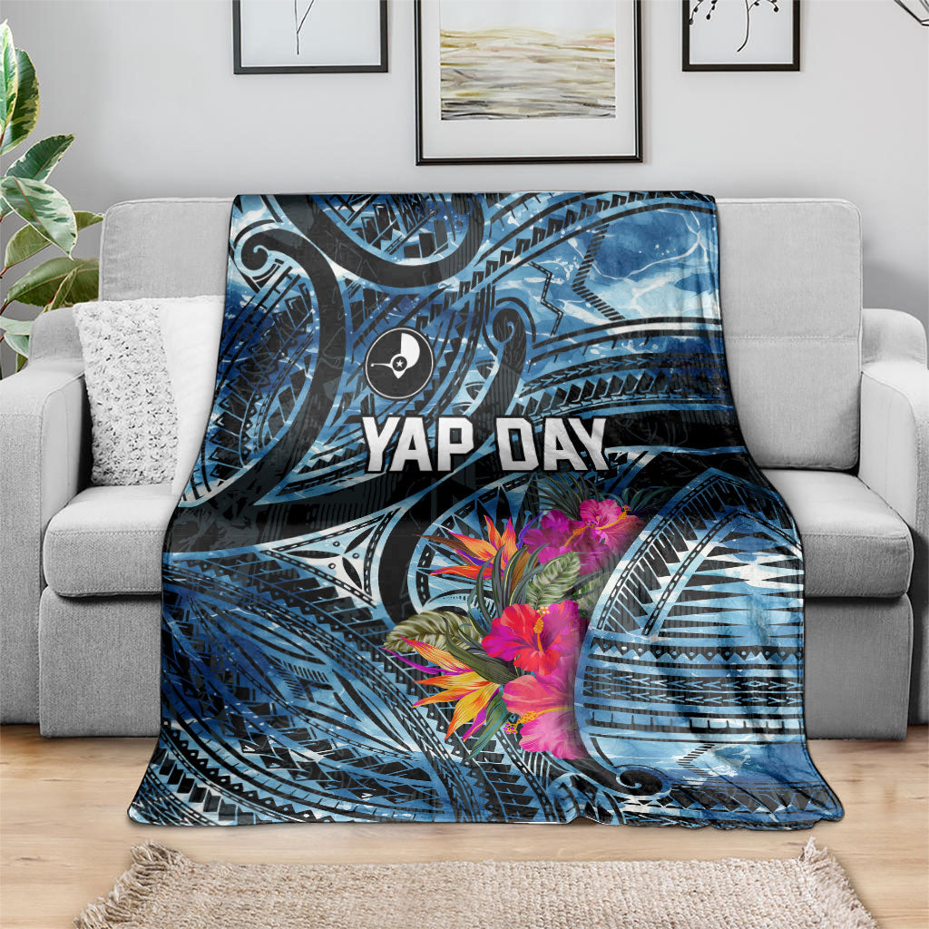 Yap Day Island Floral Tribal Heritage Blanket Micronesian Hibiscus Pattern Polynesian Tattoo Blue Art TS04 - Polynesian Pride