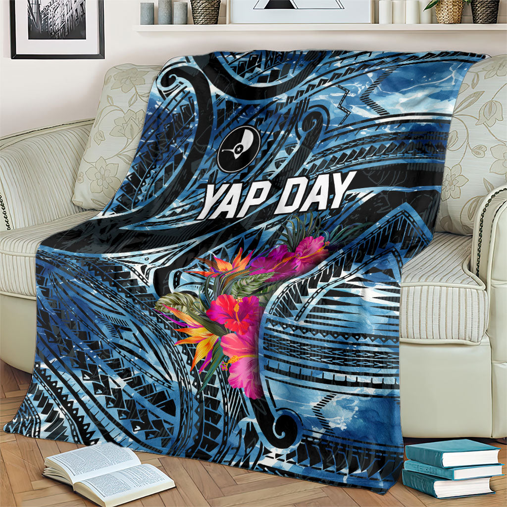 Yap Day Island Floral Tribal Heritage Blanket Micronesian Hibiscus Pattern Polynesian Tattoo Blue Art TS04 - Polynesian Pride