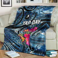Yap Day Island Floral Tribal Heritage Blanket Micronesian Hibiscus Pattern Polynesian Tattoo Blue Art TS04 - Polynesian Pride