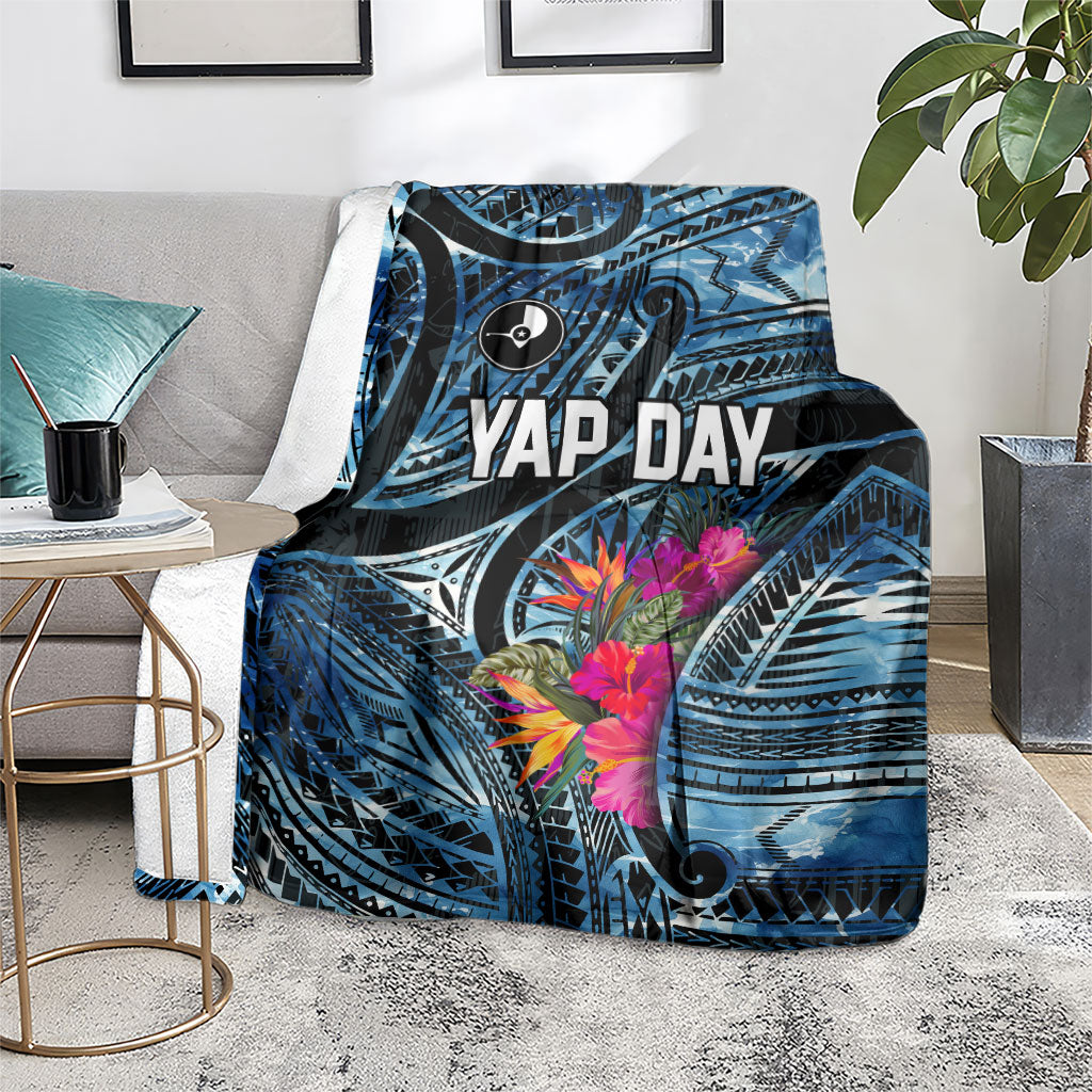 Yap Day Island Floral Tribal Heritage Blanket Micronesian Hibiscus Pattern Polynesian Tattoo Blue Art TS04 - Polynesian Pride