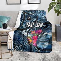 Yap Day Island Floral Tribal Heritage Blanket Micronesian Hibiscus Pattern Polynesian Tattoo Blue Art TS04 - Polynesian Pride