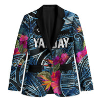 Yap Day Island Floral Tribal Heritage Blazer Micronesian Hibiscus Pattern Polynesian Tattoo Blue Art TS04 Unisex Black Blue - Polynesian Pride