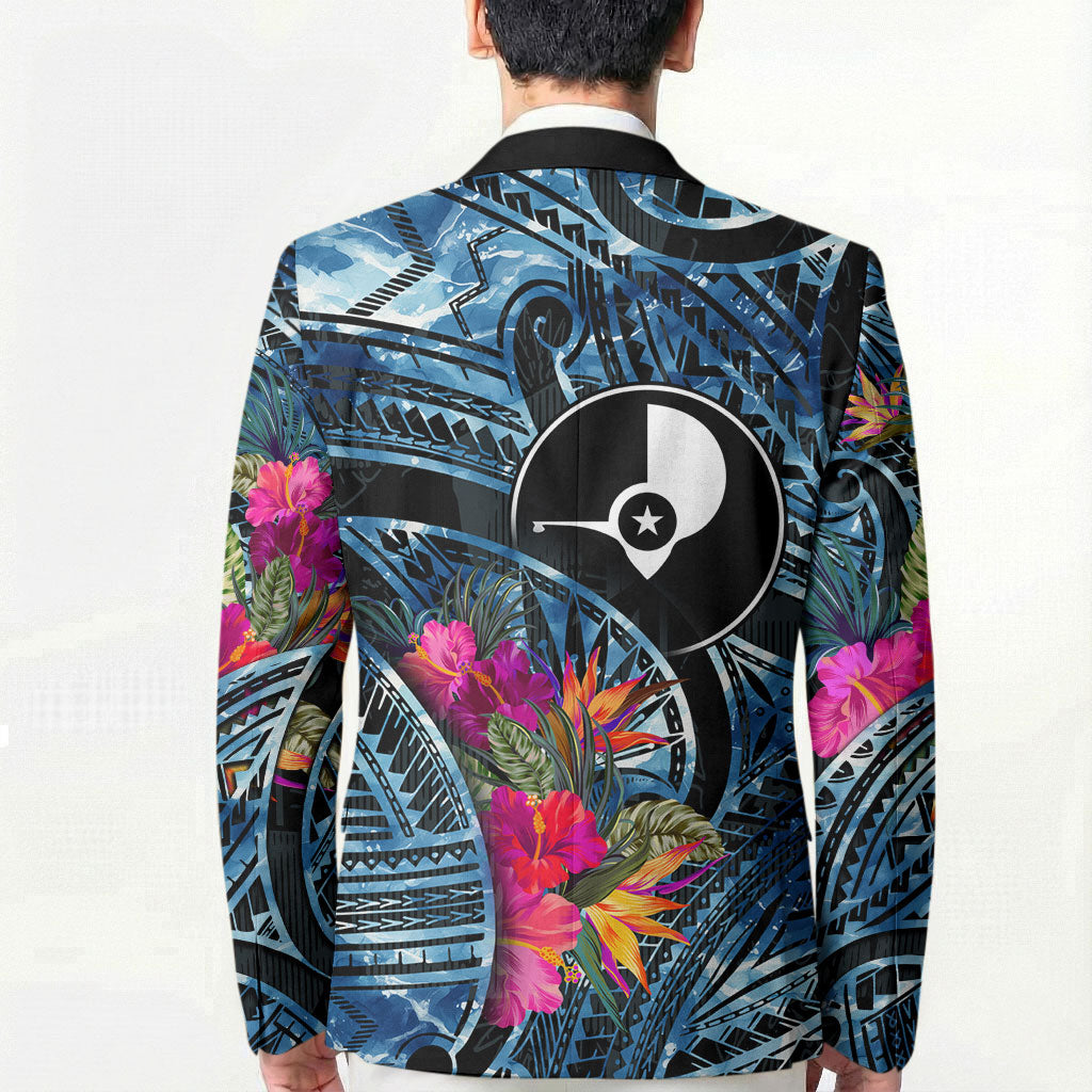Yap Day Island Floral Tribal Heritage Blazer Micronesian Hibiscus Pattern Polynesian Tattoo Blue Art TS04 - Polynesian Pride